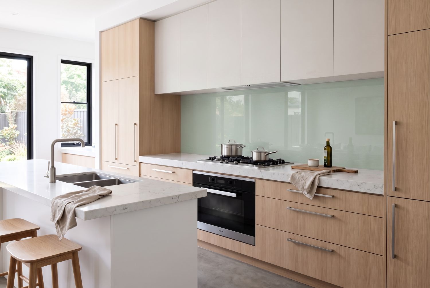 Kitchen with a sage green glass splashback