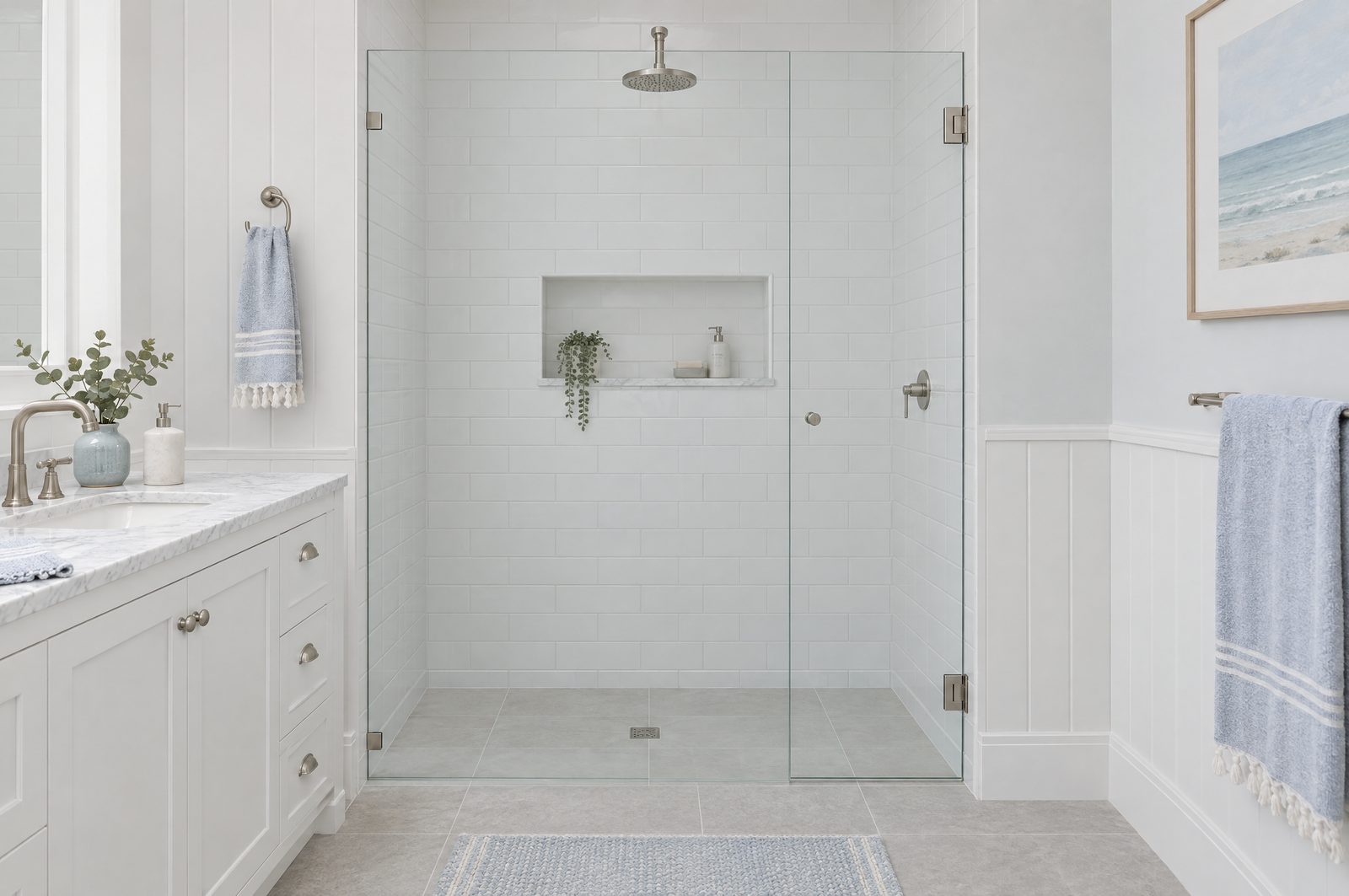 Frameless glass shower screen in a bathroom