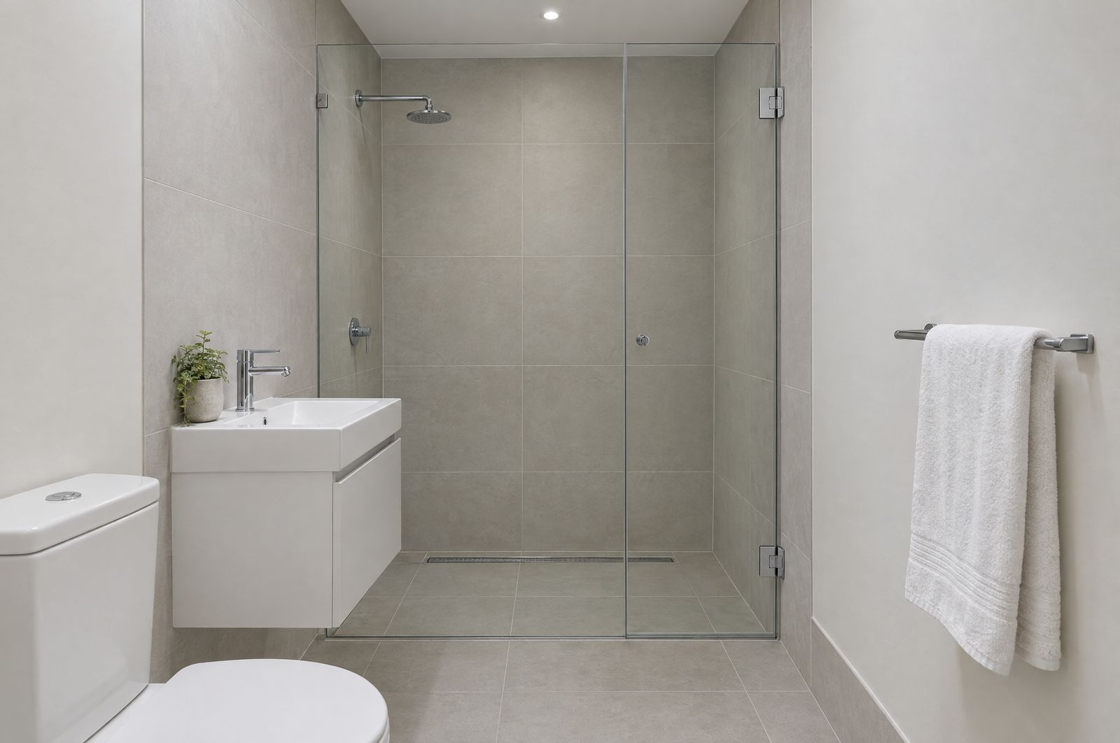 Frameless glass shower screen in a compact tiled bathroom