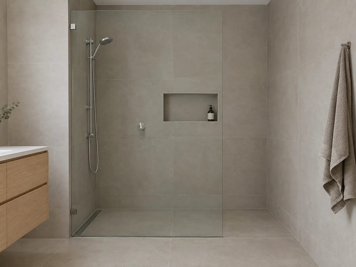 Frameless glass shower screen in a bathroom