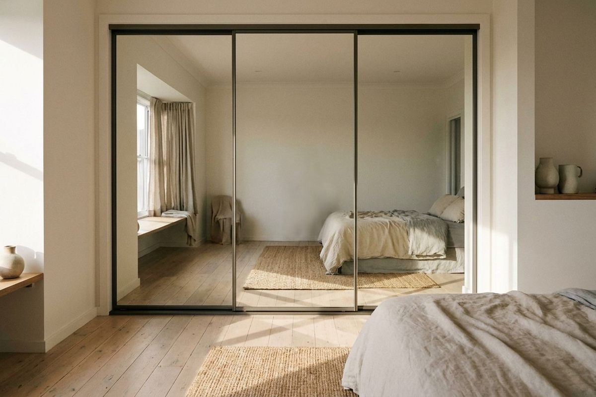 Mirrored sliding wardrobe doors in a slim dark frame