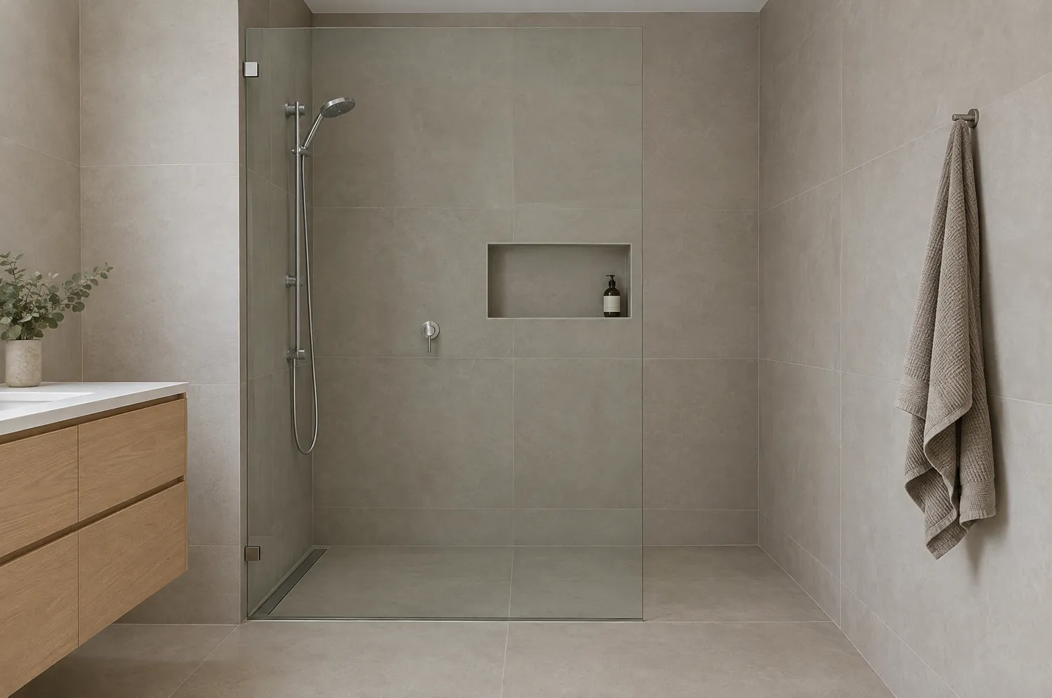 Frameless glass shower screen in a bathroom