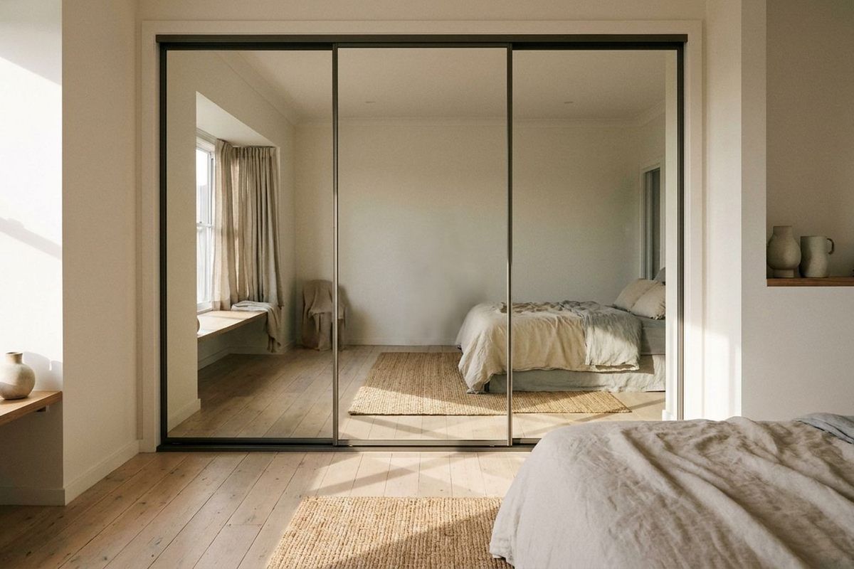 Mirrored sliding wardrobe in a slim dark frame, fitted to a bedroom recess