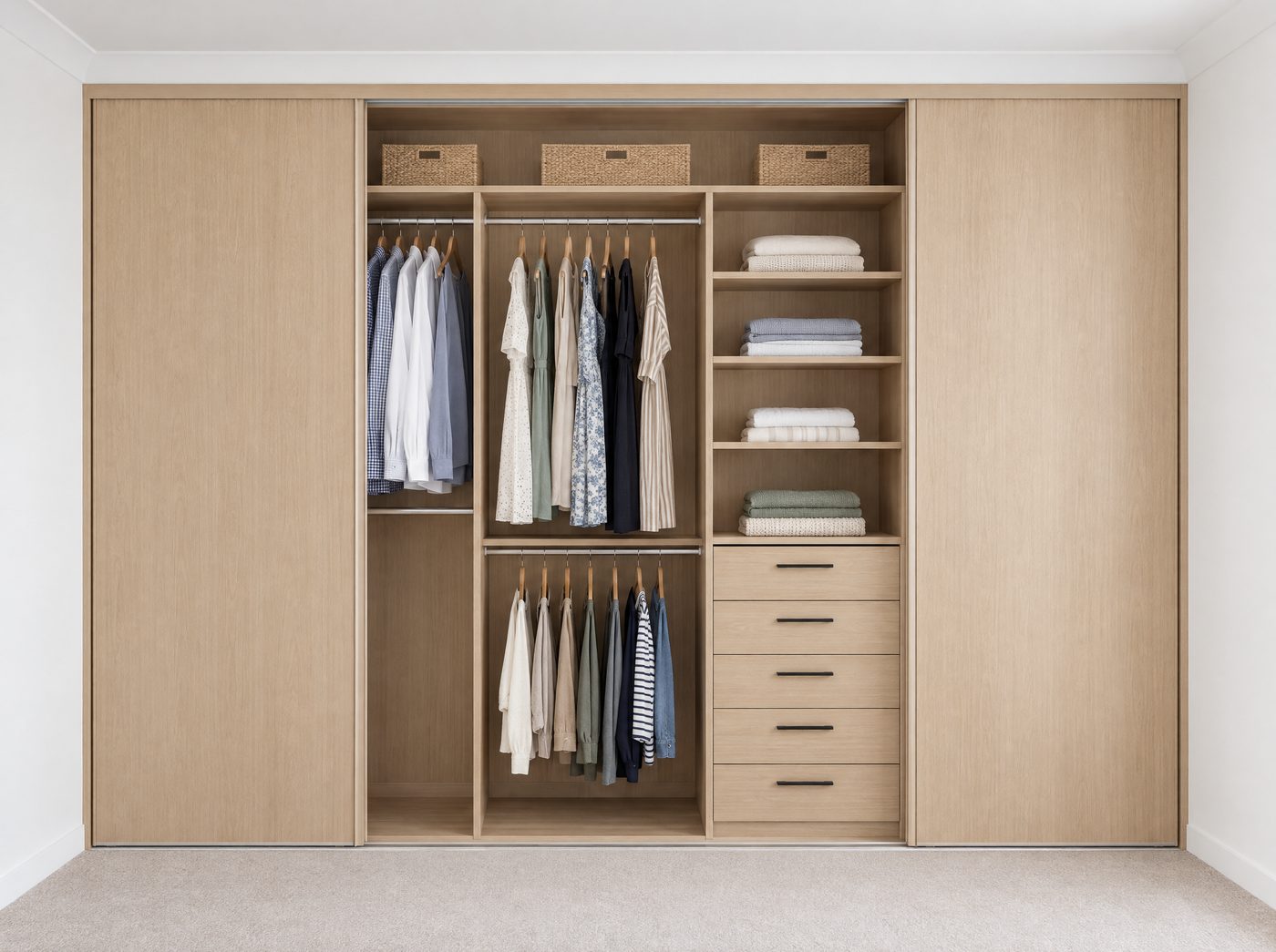 The full fitout: oak-tone interior with long and double hanging, shelves, drawers and storage baskets, sliding doors open