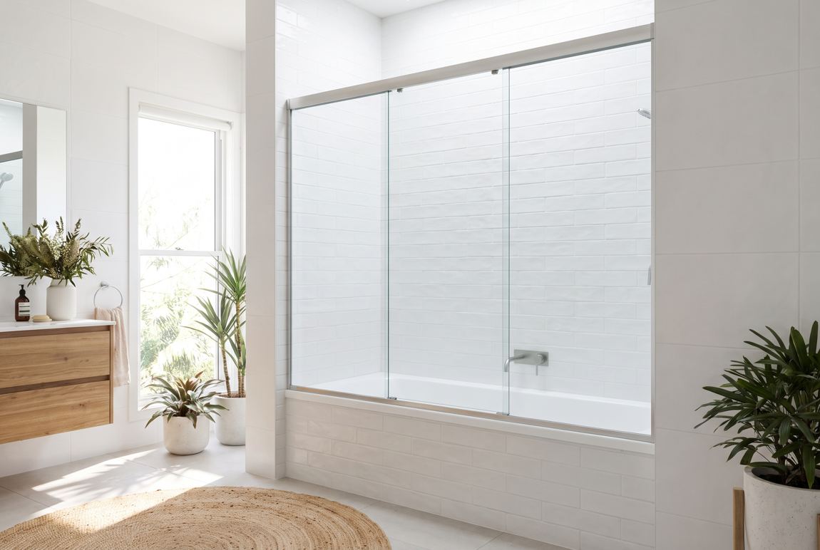 Three-door sliding shower screen in a bathroom