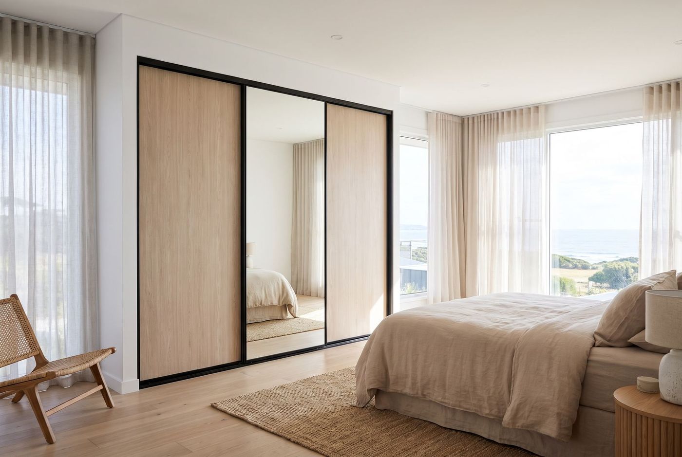 Built-in wardrobe with oak and mirrored sliding doors in a bedroom with a sea view