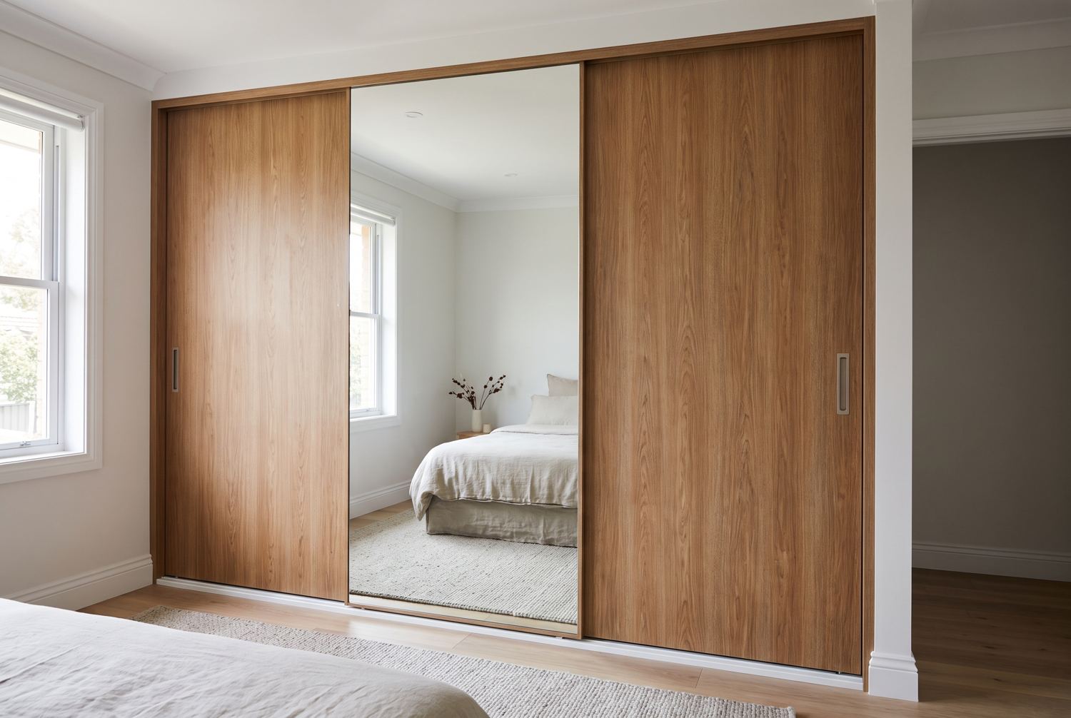 Finished built-in wardrobe with timber and mirrored sliding doors
