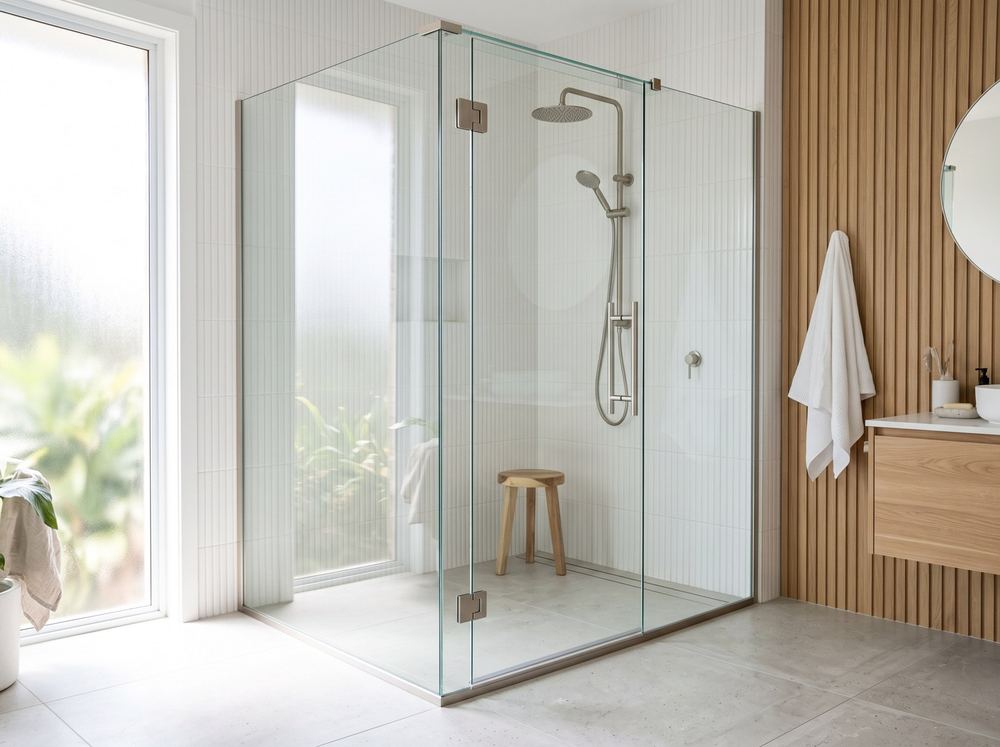 Semi-frameless glass shower screen in a bathroom