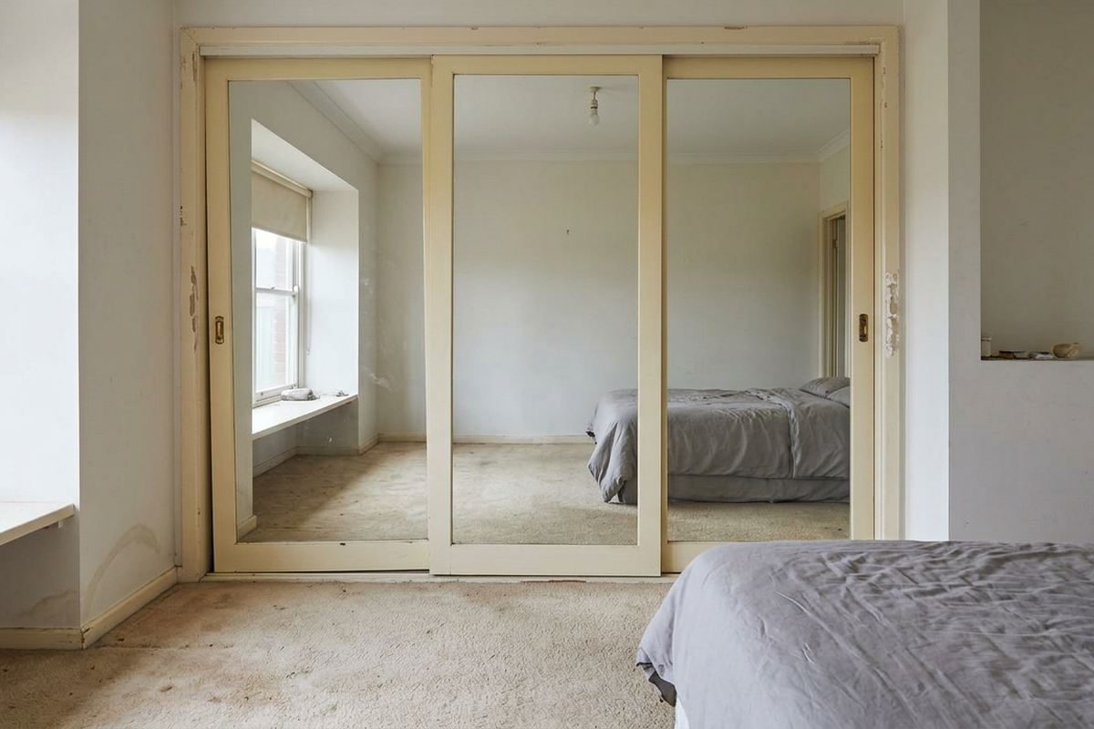 Built-in wardrobe with cream-framed sliding doors